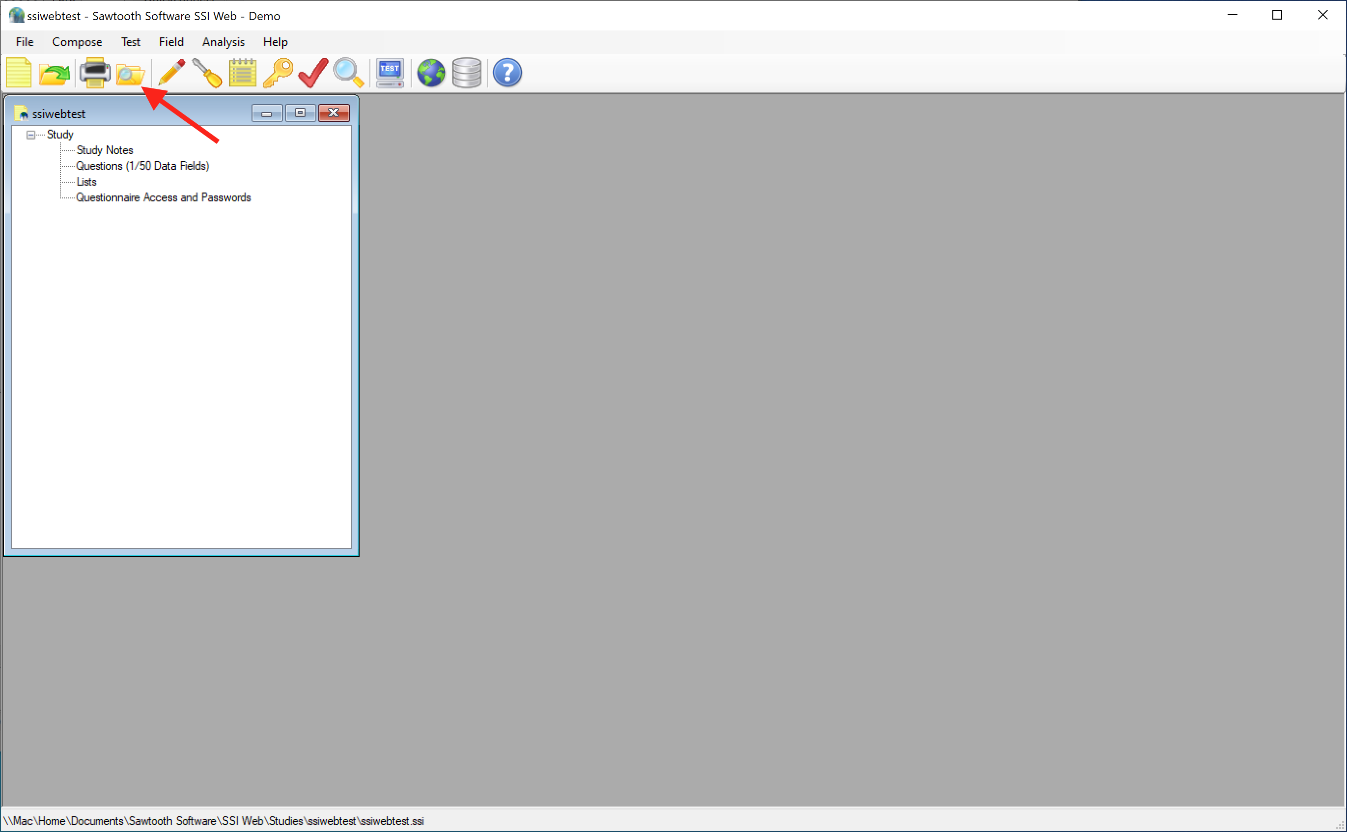Screen Shot pointing out the "Explore Study Folder" icon in SSI Web 8.